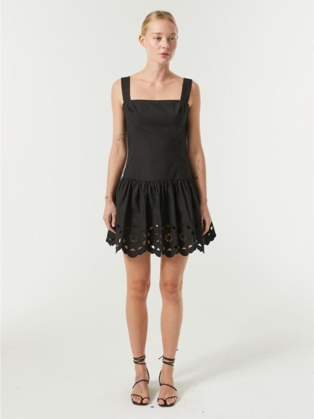 RHODE Salina Organic Cotton Eyelet Trim Mini Dress in Black Size 12